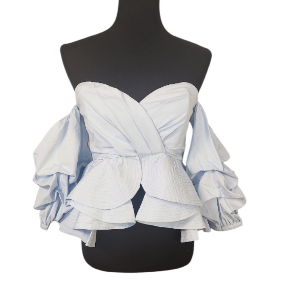 Beulah Style off shoulder bustier puff sleeve blue peplum top Size Small